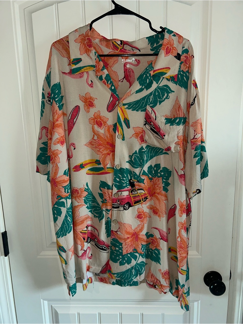 NEW Men’s Vintage Look Beige Floral & Tropical Print Button-Down Shirt Sz 2XL